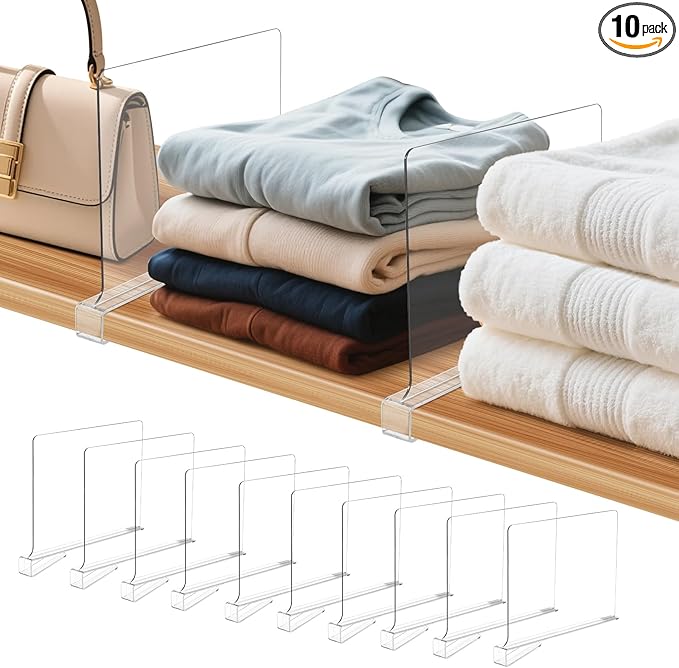10 Pack Clear Shelf Dividers for Closets, Acrylic Dividers for Shelves, Closet Shelf Divider for Organization,Organizers & Separators for Shelf Storage, Home Closets, Cabinets