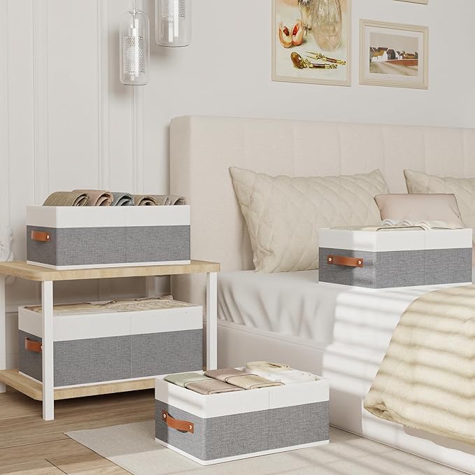 Storage Baskets, 16.1 × 9.8 × 6.5 Inch Drawer Organizers with Handles, Fabric Storage Bins for Organizing Shelves, White and Grey, 2-Pack