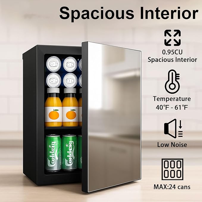 Compact Mini Fridge - 24 Cans/0.95 Cu.Ft Beverage Refrigerator with Mirrored Door & Digital Thermostat, Small Cosmetics Cooler for Skincare, Drinks, Food, Office, Dorm, Black