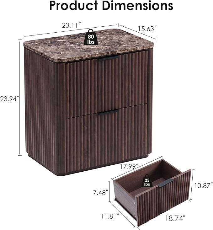 Fluted Nightstand Set of 2, Bedside Table with 2 Drawers, Engineered Wood End Table with Faux Marble-Top, Curved Corners, Metal Handle, Modern Night Stand for Bedroom, Small Spaces, Dark Oak