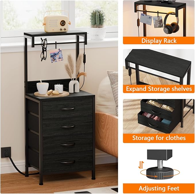 Furnulem Night Stand Set 2, Tall Nightstand with Charging Station and LED Lights, Bedside Tables with 4 Fabric Drawers and Storage Shelves, Black Nightstand Set of 2 for Bedroom (Black Oak)