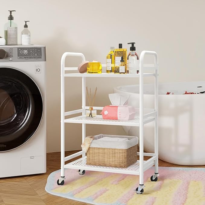 HDANI 3 Tier Rolling Cart,Heavy Duty Multifunctional Metal Frame-Supports 22 Lbs Per Tier,Rolling Cart with 2 Lockable Wheels for Office,Home,Bedroom,Kitchen,Bathroom (White)…