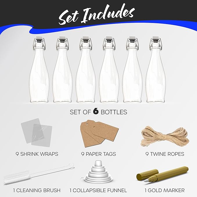 Nevlers 17 Oz Teardrop Swing Top Glass Bottles with Airtight Lid 6 Pack | Flip Top Glass Bottle with Stopper, Funnel, Brush, Shrink Wrap, Marker & Tags | Clear Beer Bottles | Fermentation Bottle Kit