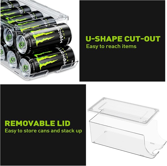 2 Pack Tall Skinny Can Organizer for Refrigerator, Stackable Large Soda Cans of 16oz & 17oz Beverage Energy Drink Container Holder Dispenser with Lid for Fridge, Clear Storage Plastic Bins