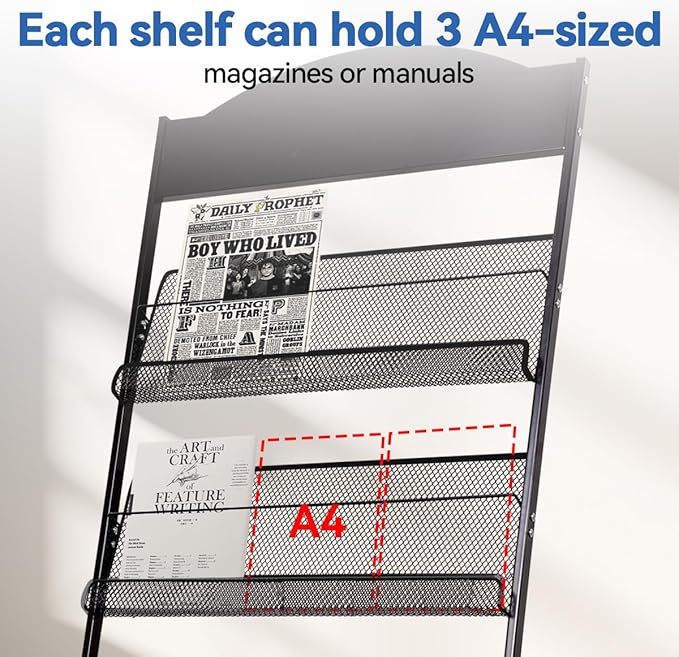Floor-Standing Magazine Rack, 4-Layer Brochure Display Stand Tiered Design Magazine Stand Detachable Magazine Display with Casters for Exhibitions, Shopping Malls, Hospitals, Offices