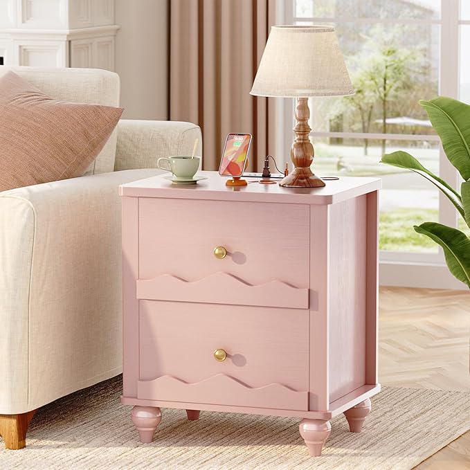 Cyclysio Nightstand with Charging Station, Side End Table with 2 Drawers, Modern Wood Night Stand with Scalloped Pattern for Bedroom, Bedside Night Tables with Solid Wood Gourd Legs