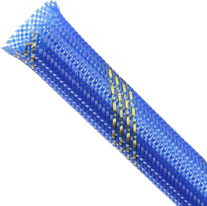 Braided Cable Sleeving, PET Expandable Braided Cable Sleeve, Flexible Mesh Sleeving Cord Management for Audio Video and Other Home Device, Cord Protector from Pets (Blue Gold, 13/16" x 25ft)