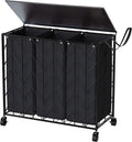 WOWLIVE Laundry Basket with Wheels, 142L Hamper 3 Section with Lid, Dirty Clothes Hamper with Removable Bags, Large Capacity Iron-Made Organizer Laundry Sorter for Dorm, Black