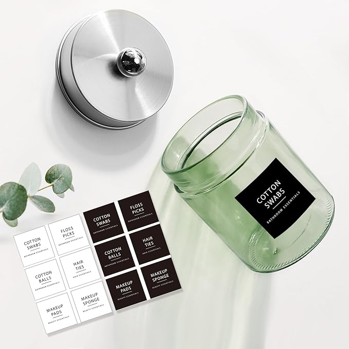 Amolliar Sage Green Qtip Holder, Glass Apothecary Jar Metal Lid & Sticker, Bathroom Qtip Dispenser Storage Canister, Perfect for Cotton Balls, Swabs, Round Pads, Bath Salt, Floss,Brushed Nickel 2 Pack