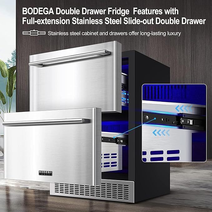 BODEGA 24 Inch Beverage Fridge under Counter, 2 Drawer Outdoor Coolers for Patio and Deck Weatherproof, Stainless Steel Beverage Refrigerator for Beer, Soda, Holds 180 Cans