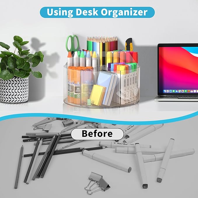Acrylic Pen Holder for Desks, Acrylic Desk Organizer Clear, 360 Degree Pencil Holder for Desk Kids, Rotating Desk Organizer Rotating Pen Holder for Desk, Art Supply Storage Organizer 6 Compartments