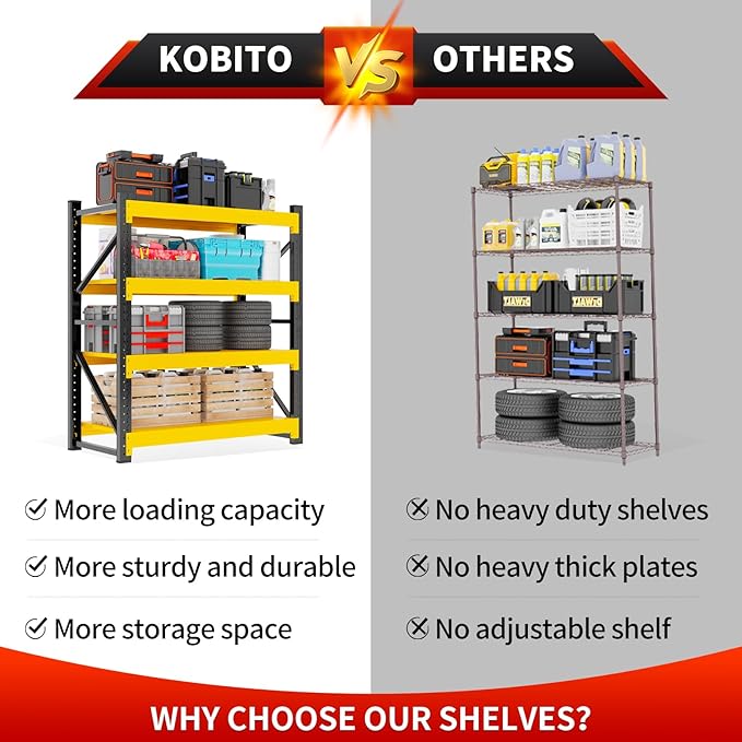 3800LBS Garage Storage Shelves, 47" W Garage Shelving Heavy Duty Adjustable Shelving Unit, 4 Tier Metal Utitly Shelves Industrial Shelving for Warehouses,Basement,Black Yellow