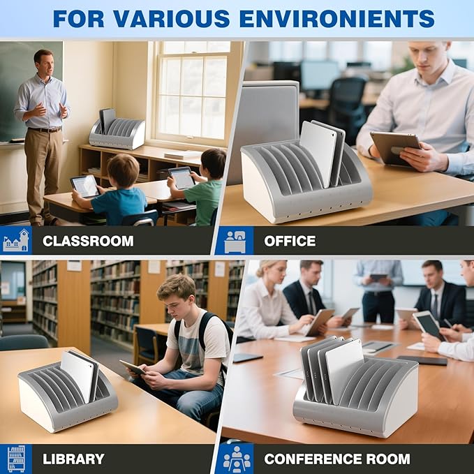 6-Pack | Pochar 8-Device Universal AC Laptop Charging Station for Multiple Laptops - Chromebook Organizer for Classroom - Fits up to 15.6'' Screensize and 1.4'' Thick (Gray)
