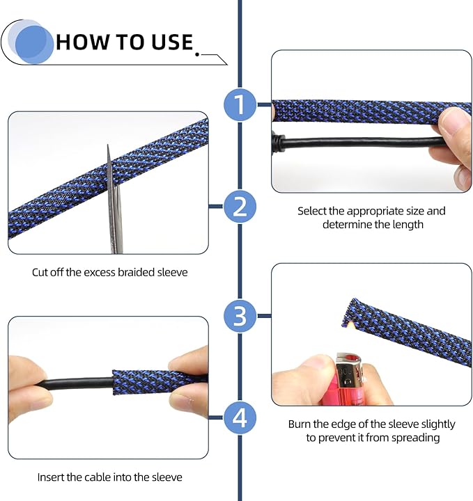 Braided Cable Sleeving, PET Expandable Braided Cable Sleeve, Flexible Mesh Sleeving Cord Management for Audio Video and Other Home Device, Cord Protector from Pets (Black Blue-2, 1/8")