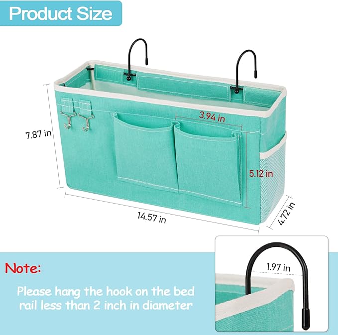 Loghot Bedside Caddy/Bedside Storage Bag Hanging Organizer for Bunk and Hospital Beds,Dorm Rooms Bed Rails,Can be Placed Glasses,Books,Mobile Phones,Keys (Green)