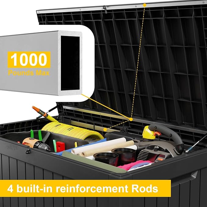 280 Gallon Resin Deck Box, Lockable Outdoor Storage Box for Patio Cushions Storage Furniture,Garden Tools, Pool Supplies, Weatherproof and UV Resistant（Black）