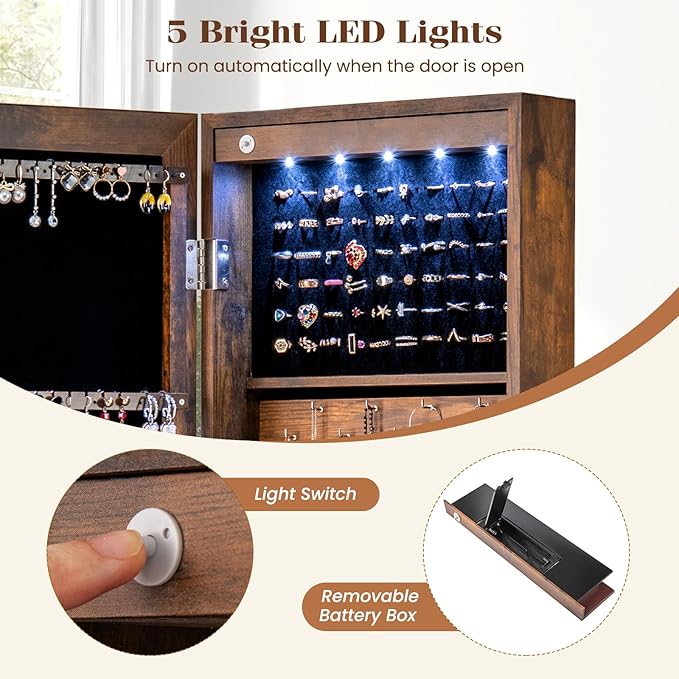 5 LEDs Mirrored Jewelry Cabinet Wall Mounted or Door Hanging, 42” Jewelry Box Armoire with Full Length Mirror, 2 Drawers & Shelves, Over the Door Jewelry organizers and Storage (Rustic Brown)