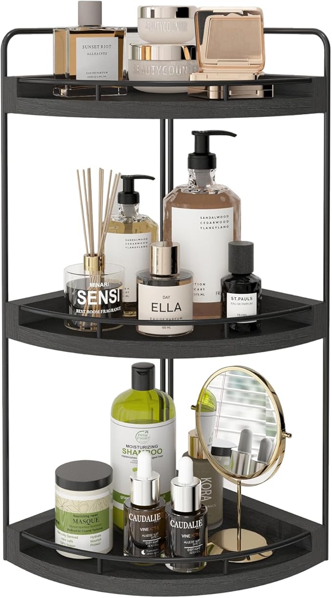 Fixwal Corner Bathroom Counter Organizer, 3 Tier Rustic Bathroom Organizer, Wood Countertop Storage Tray for Vanity, Kitchen, Bedroom (Black)