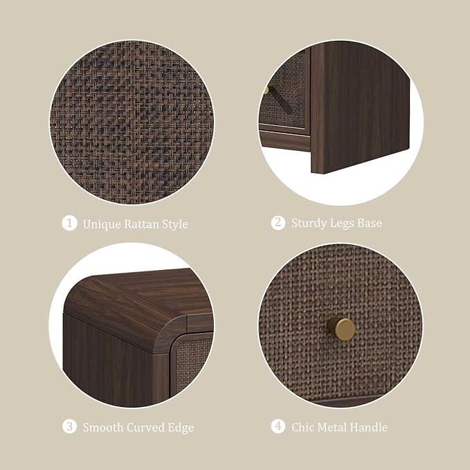 Oak&Sparrow 7 Drawer Dresser for Bedroom, 49'' Rattan Dresser with Ample Storage, Boho Chest of Drawers, Thickened Curved Profile Design, Dark Walnut Dressers for Bedroom, Living Room
