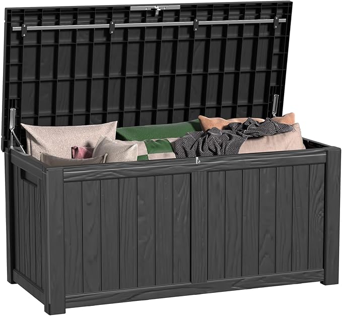 150 Gallon Outdoor Deck Box,Storage Lockable Waterproof Patio Furniture,Garden Tools,Cushions,Pool Accessories Outside Storage Resin Box(Black)