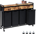 Laundry Hamper, Laundry Sorter 4 Sections, Rolling Laundry Basket with Wheels, 3 Drawers, 4 × 14.5 Gal (55 L), Pull-Out and Removable Oxford Fabric Bags, Black and Rustic Brown
