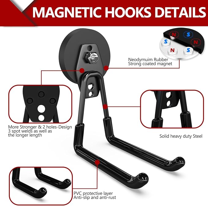 3-H Heavy Duty Magnet Garage Hooks 2 Pack, Extra Large Strong Magnetic Hooks for Hanging Cordless Power Drill, Utility Magnetic Tool Holder for Metal Cabinet, Steel Pegboard, Toolbox, Garage(Black)