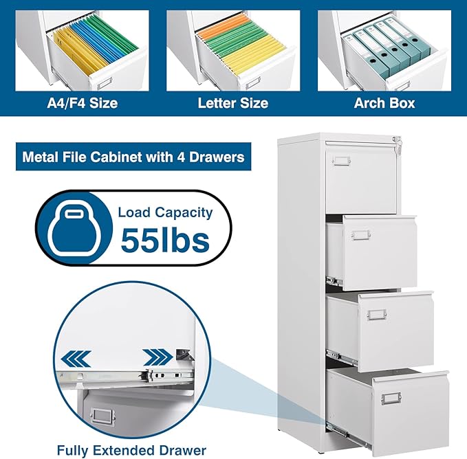 4-Drawer File Cabinet, 16.3" Deep Vertical Filing Cabinet with Lock, Metal File Cabinet for Home Office, Anti-Tip 4 Storage Drawers for Letter/Legal/A4/F4 Size (Assemble Required, White)