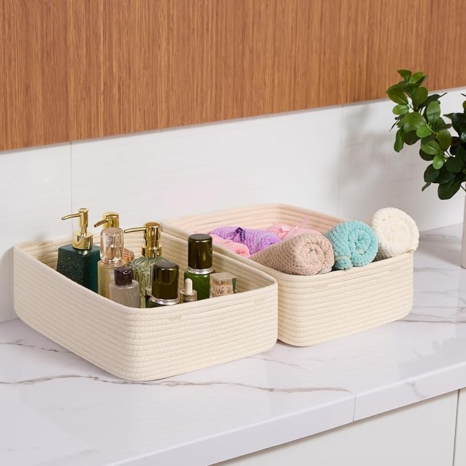 Large Shallow Organizing Baskets 15x11x5.1 Inches - Rope Woven Storage Bins for Bathroom, Shelves, Cube Closet, Beige 4 Packs