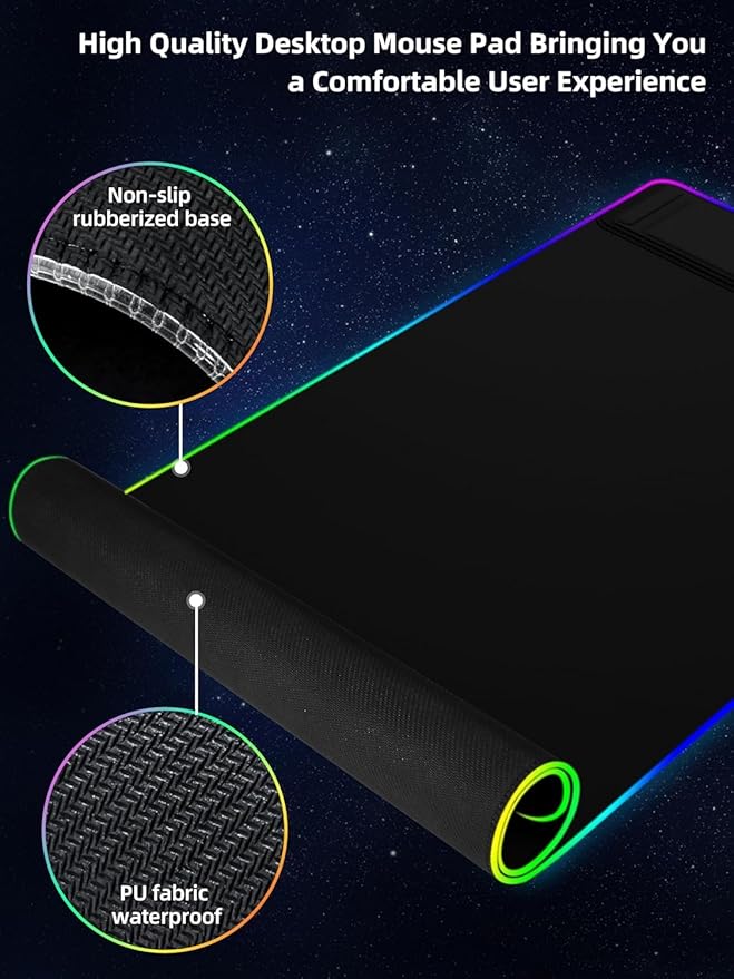 XXL Mouse Pad with Phone Holder - Black, RGB Desk Mat with 15W Fast Charging, LED Gaming Mousepad with 11 Light Colors, Waterproof Non-Slip Pad for Office & Home