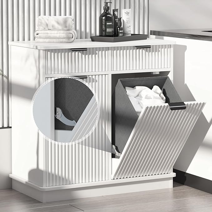 White Double Tilt Out Laundry Hamper Cabinet Laundry Basket Cabinet Hidden Laundry Hamper with 2 Drawers & 2 Baskets for Bathroom Bedroom,30x30x16in