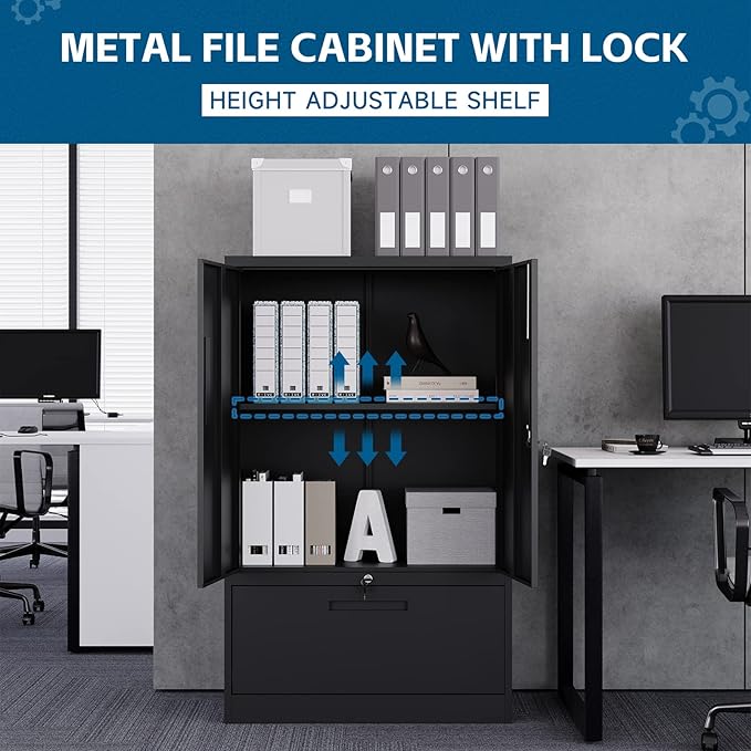 Metal File Cabinet with Drawer, Lockable Vertical Lateral Filing Storage Cabinet, File Cabinet with Storage Cabinet for Home Office, Legal/Letter/A4 Size Steel File Storage Cabinets, Black