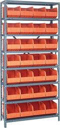 QUANTUM STORAGE SYSTEMS 1275-423OR Solid Heavy Duty 8 Shelves 28 Stackable Shelf Bins Orange Bins 75" H x 36" W x 12" D