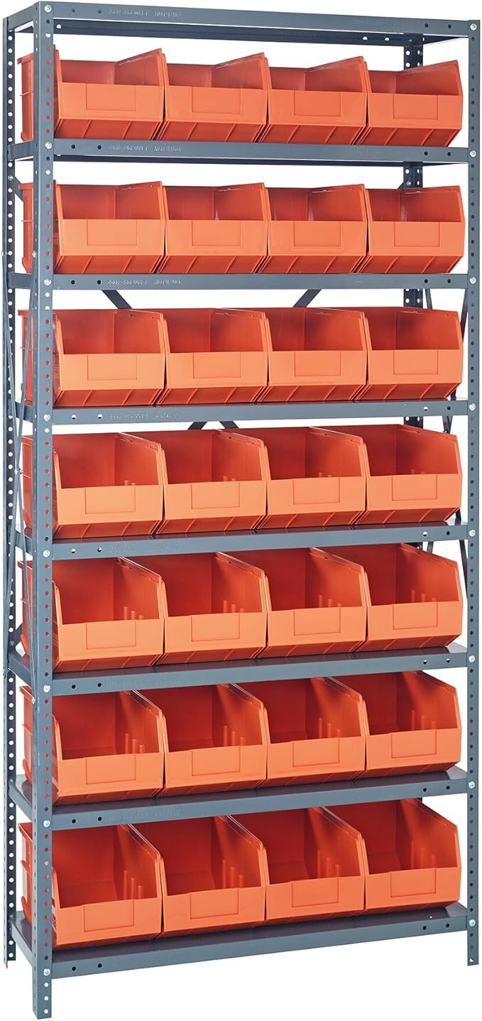 QUANTUM STORAGE SYSTEMS 1875-463OR Solid Heavy Duty 8 Shelves 28 Stackable Shelf Bins Orange Bins 75" H x 36" W x 18" D