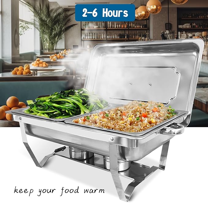 Chafing Dish for Buffet, 2 Pack Stainless Steel Chafing Servers Food Warmer Set with 8QT Half Size Food Pan for Kitchen Party Banquet Dining