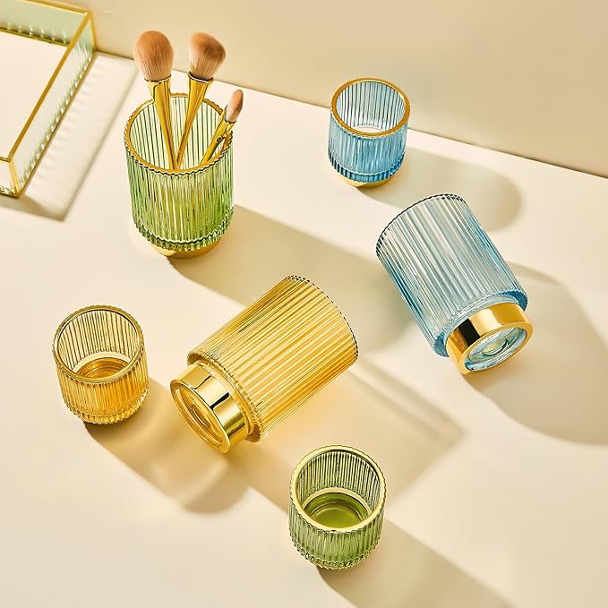 Makeup Brush Holder Organizer,Toothbrush Holders,Desk Pen Pencil Holder,Multifunctional Vintage Glass Brush Cup（S+L/Gold/A3-2-US）
