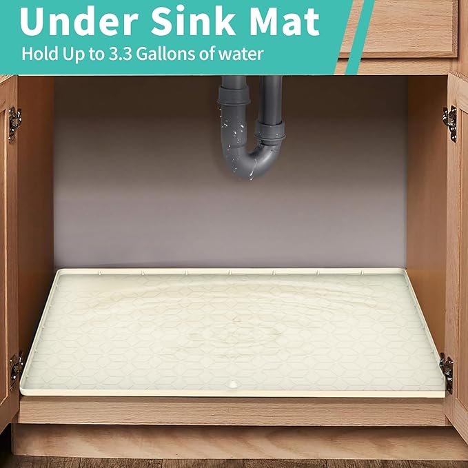 Under Sink Mat, 14"x22" Under Sink Mats for Kitchen, Silicone Waterproof Under Sink Liner, Sink Cabinet Organizer Tray with Drain Hole