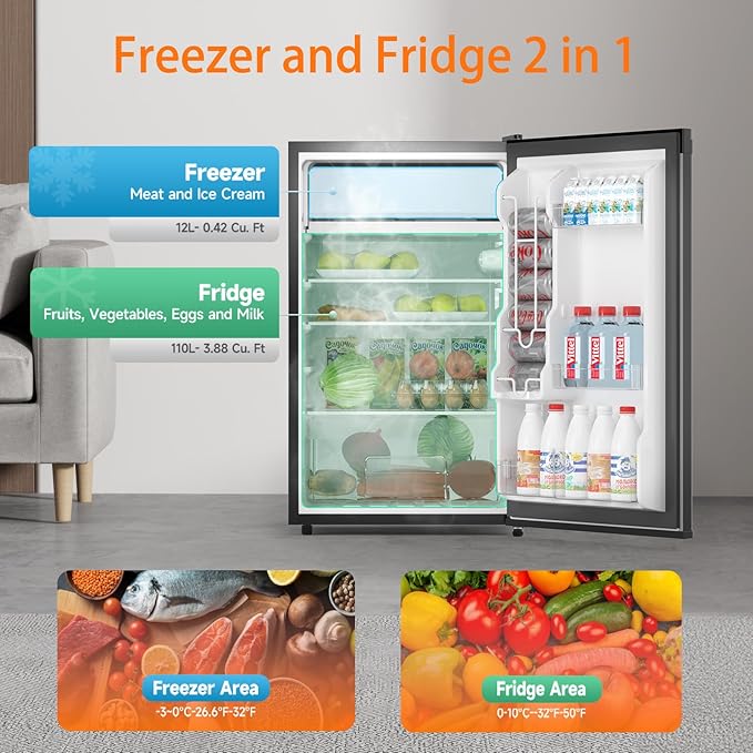 4.3 Cu.Ft Mini Fridge with Freezer, Single Door Refrigerator With 7 Settings Temperature Adjustable and 3 Removeble Shelves, Low Noise, Dorm Fridge, Mini Refrigerator for Bedroom, Office, Dorm