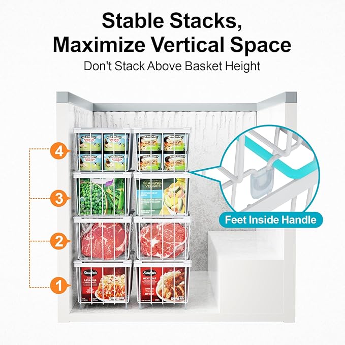 iSPECLE Deep Freezer Organizer Bins - 4 Pack Small Stackable Freezer Baskets for 7 Cu.ft Chest Freezer, Easy Access Food No More Digging, Sturdy Metal Metal Wire Basket Not Scratch Bottom, White
