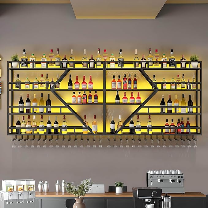 63in Large Wall Mounted Wine Rack 4 Tier Metal Wine Bottle Holder Modern Diamond Design Floating Bar Liquor Bottles Storage Rack for Home Restaurant Bar Decorative (Black, 4 Tier - 63in)
