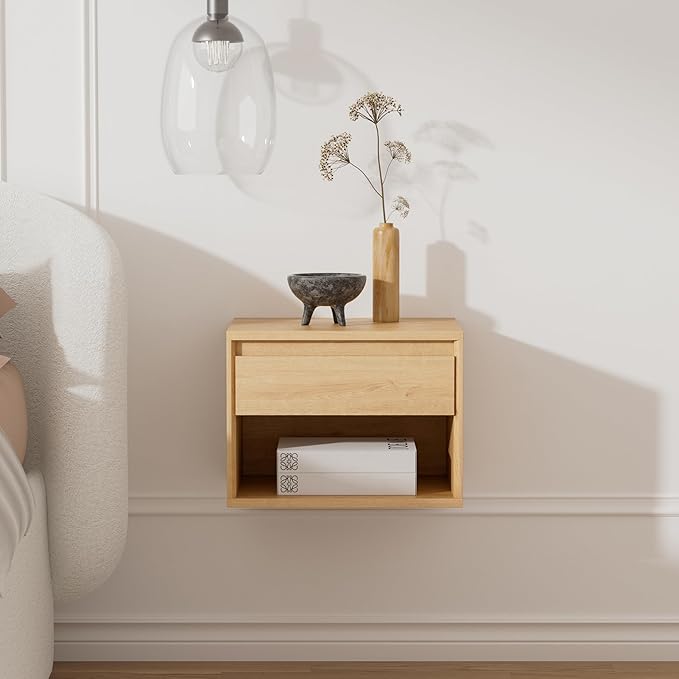Mid Century Modern Floating Nightstand, Wall Mounted End Table with Drawer and Open Compartment Wooden Bedside Night Stand Small Storage Cabinet for Bedroom, Natural Oak