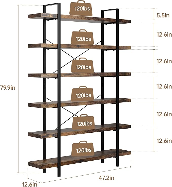 Heavy Duty 6-Tier Industrial Bookcase, 47" Wide Wood Bookshelf for Home Office, 120lbs Shelf Capacity, Rustic Open Shelving Display with Reinforced Horizontal Shelf for Living Room Bedroom