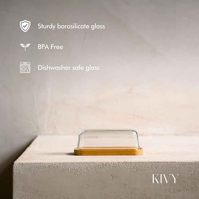 KIVY Butter Dish (White Marble & Glass) - For countertop and refrigerator door shelf - Marble butter keeper - Stone butter dish - Glass butter dish with lid - Dishwasher Safe