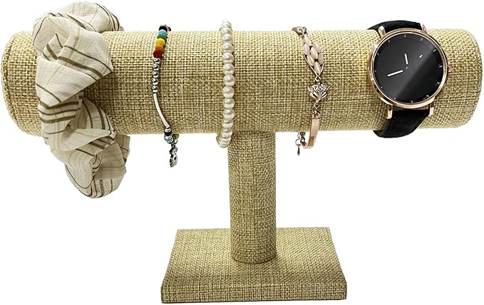 Coward T-Bar Bracelet Holder Organizer Display Jewelry Scrunchie Watch Storage Stand for Home Organization (Yellow Linen)
