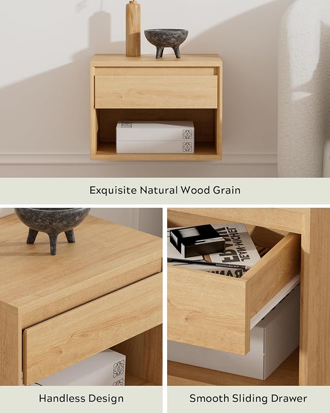 Floating Nightstand Set of 3, Wall Mounted Bedside Table with Storage Drawer and Open Shelf, Modern Night Stand with Handless Design for Living Room, Bedroom, Dorm, Natural Oak