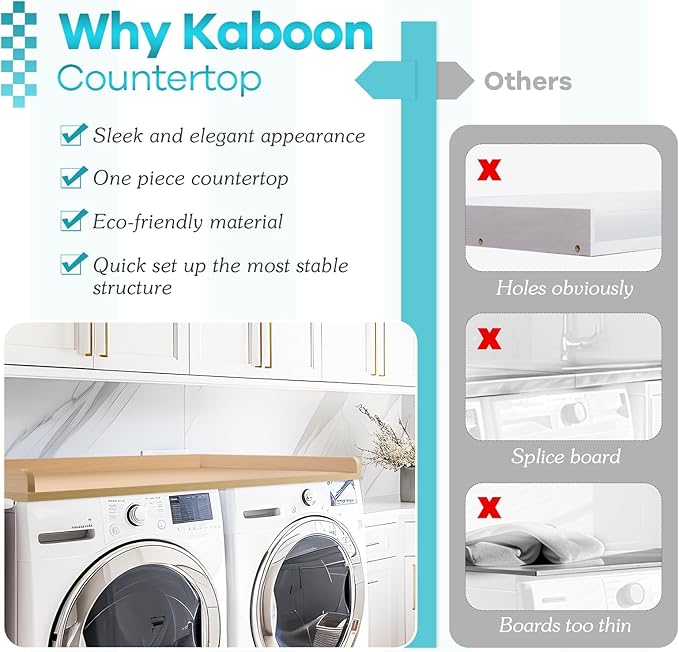 Kaboon Washer Dryer Countertop, Melamine Countertop with Edge Rails - 27.5" Depth x 54" Width Laundry Room Organization, Light Walnut