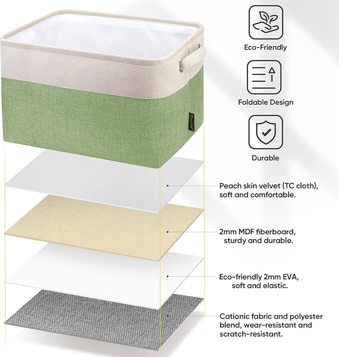 BALEINE 4 Pack Fabric Storage Bins for Shelves, Linen Storage Baskets for Organizing, Decorative Closet Bins for Clothes, Home (Green, 12"x8"x8")