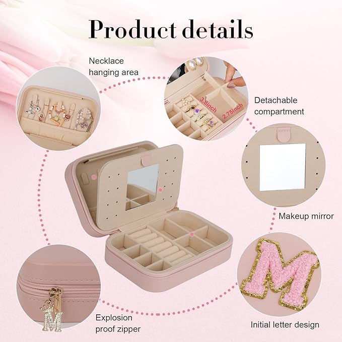 TopPerfekt Travel Jewelry Case, Jewelry Box with Mirror, Jewelry Organizer Bridal Shower Gifts to Her, Earring Storage Travel Case, Trendy Gift for Women and Girls, Girlfriend-Letter K, Pink