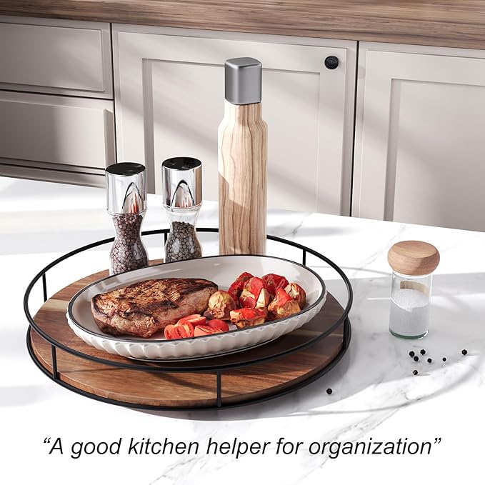 13 Inch Lazy Susan Organizer with Steel Frame for Kitchen,Acacia Wood Turntable for Cabinet,Pantry,Table,Pantry,Countertop,Refrigerator,Spice Rack