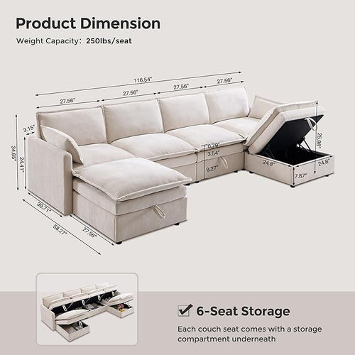 116.54" Sectional Couches for Living Room, Cloud Couch Sectional with Large Storage, U-Shape Modular Sectional Sofa with Ottoman,6 Seater Chenille Sofa with Pillow for Apartment, Bedroom, Beige