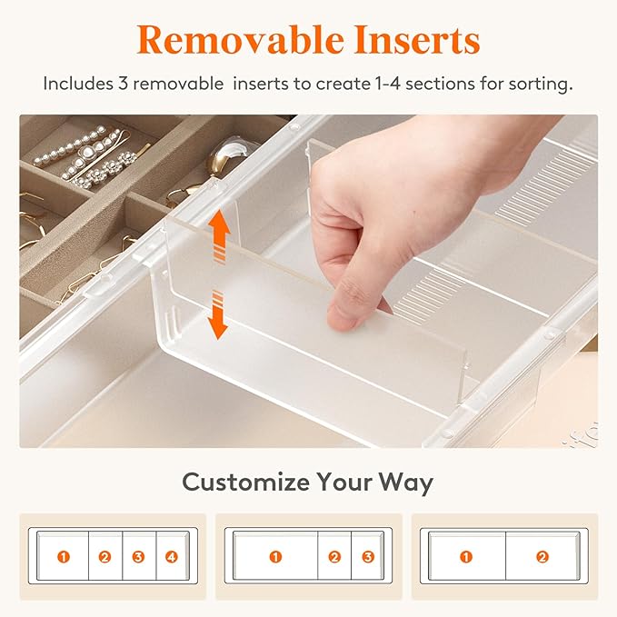 Lifewit 3 Pack Sliding Makeup Drawer Organizer Trays with Inserts, Extendable Hanging Desk Drawer Divider, 14-23" Long/1.8" High Plastic Organizer Tray in Vanity/Bathroom/Office/Kitchen, Translucent